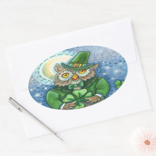 ST. PATRICK'S DAY OWL, 4 LEAF CLOVER LEPRECHAUN OVALER AUFKLEBER