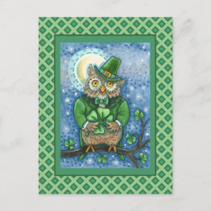 ST. PATRICK'S DAY OWL, 4 LEAF CLOVER LEPRECHAUN POSTKARTE