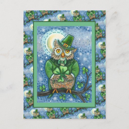 ST. PATRICK'S DAY OWL, 4 LEAF CLOVER LEPRECHAUN POSTKARTE (Vorderseite)