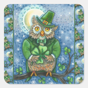 ST. PATRICK'S DAY OWL, 4 LEAF CLOVER LEPRECHAUN QUADRATISCHER AUFKLEBER