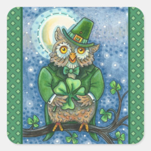 ST. PATRICK'S DAY OWL, 4 LEAF CLOVER LEPRECHAUN QUADRATISCHER AUFKLEBER