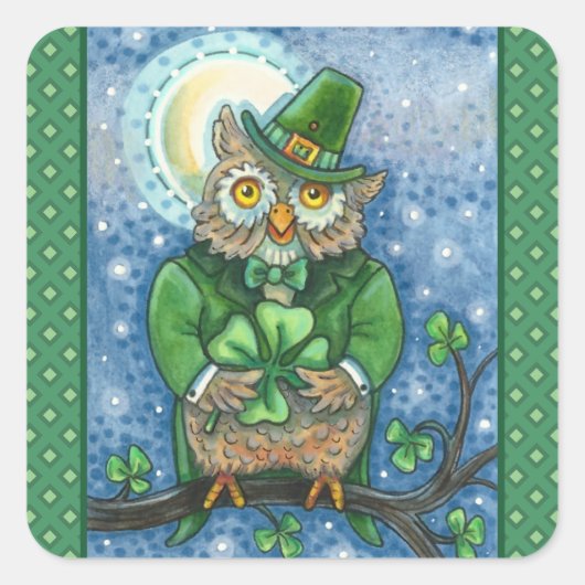 ST. PATRICK'S DAY OWL, 4 LEAF CLOVER LEPRECHAUN QUADRATISCHER AUFKLEBER (Vorderseite)