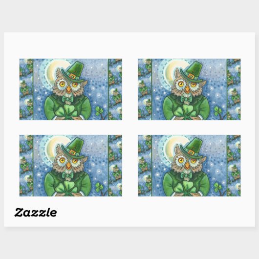 ST. PATRICK'S DAY OWL, 4 LEAF CLOVER LEPRECHAUN RECHTECKIGER AUFKLEBER (Blatt)