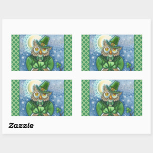 ST. PATRICK'S DAY OWL, 4 LEAF CLOVER LEPRECHAUN RECHTECKIGER AUFKLEBER