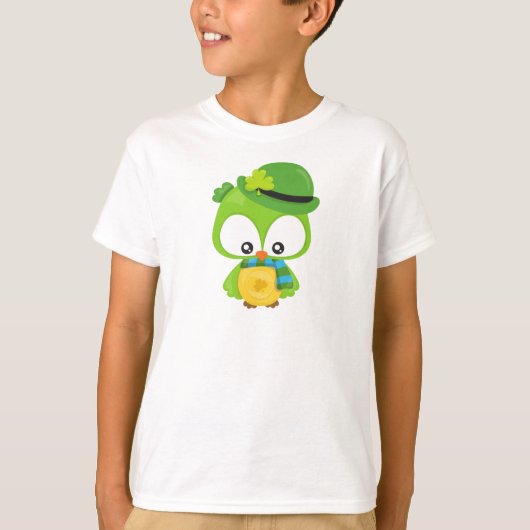 St. Patrick's Day Owl, Clovers, Leprechaun Hat T-Shirt (Vorderseite)