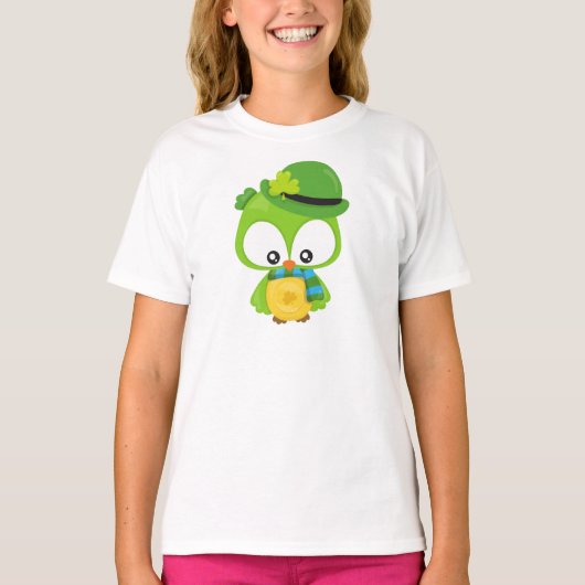 St. Patrick's Day Owl, Clovers, Leprechaun Hat T-Shirt (Vorderseite)