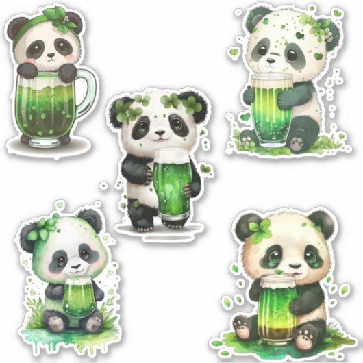 St Patrick's Day Panda Bears w/Green Irish Drink Aufkleber (Vorderseite)