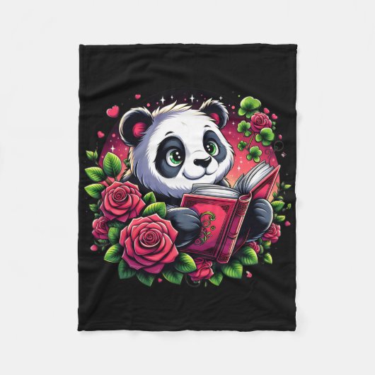 St Patricks Day Panda liest ein Buch Rose Flower P Fleecedecke (Vorderseite)