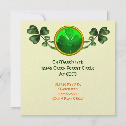 ST. PATRICK'S DAY PARTY GREEN EMERALD MONOGRAM EINLADUNG (Rückseite)
