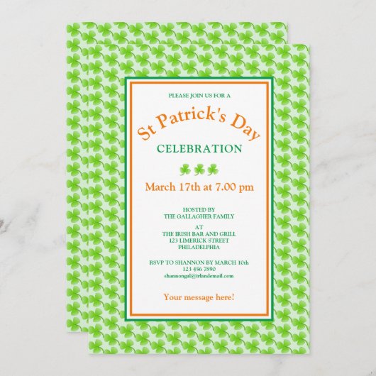 St Patrick's Day Party Green Orange Kleeblatt Einladung (Vorne/Hinten)