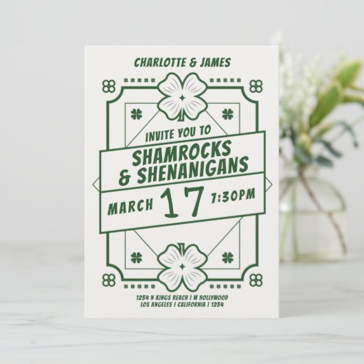 St Patricks Day Party Irish Kleeblatts Shenanigans Einladung (Stehend Vorderseite)