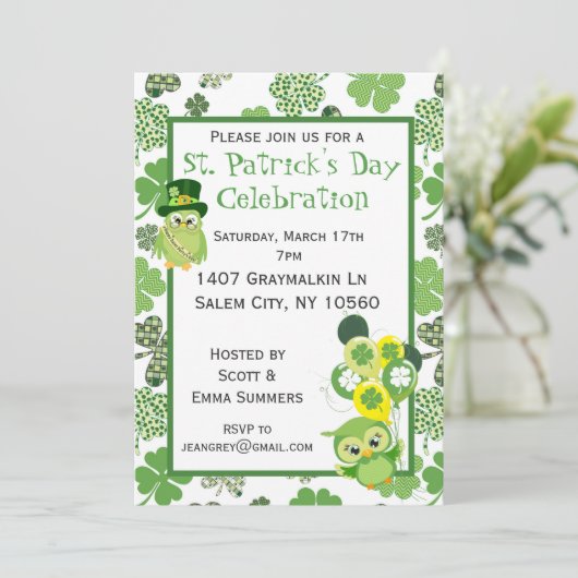 St. Patricks Day Party Kleeblatt Green Owl Einladung (Stehend Vorderseite)