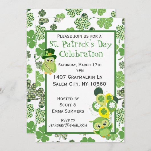 St. Patricks Day Party Kleeblatt Green Owl Einladung (Vorne/Hinten)
