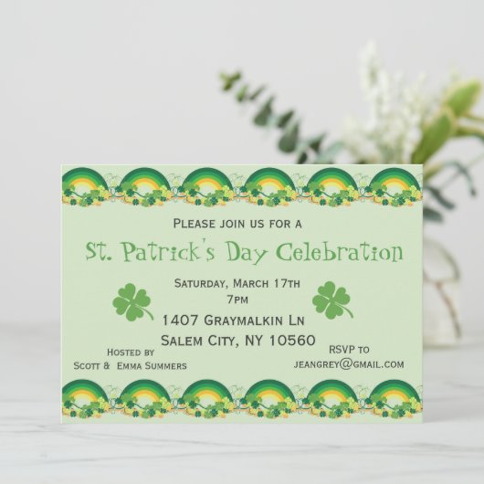 St. Patricks Day Party Kleeblatt Regenbogen Klee Einladung (Stehend Vorderseite)
