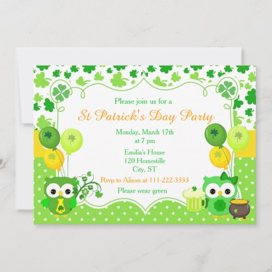 St Patrick's Day Party Owls Einladung (Vorderseite)