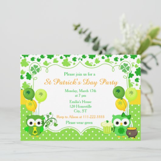 St Patrick's Day Party Owls Einladung (Stehend Vorderseite)