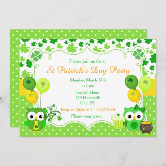 St Patrick's Day Party Owls Einladung (Vorne/Hinten)