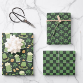 St Patricks Day Pattern Dark Green Cheers Shamrock Geschenkpapier Set