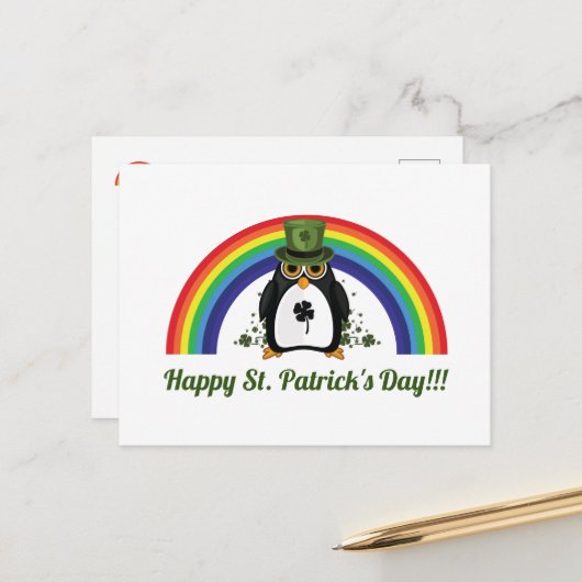 St. Patricks Day Penguin und Rainbow Postkarte (Vorderseite/Rückseite Beispiel)