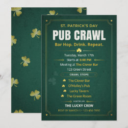 St Patrick's Day Pub Crawl Itinerary Vintage Green Einladung