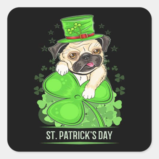St Patricks Day Puppy Mops Quadratischer Aufkleber (Vorderseite)