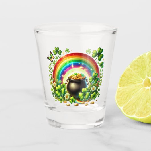 St Patrick's Day Rainbow and Pot of Gold Schnapsglas (Vorderseite)