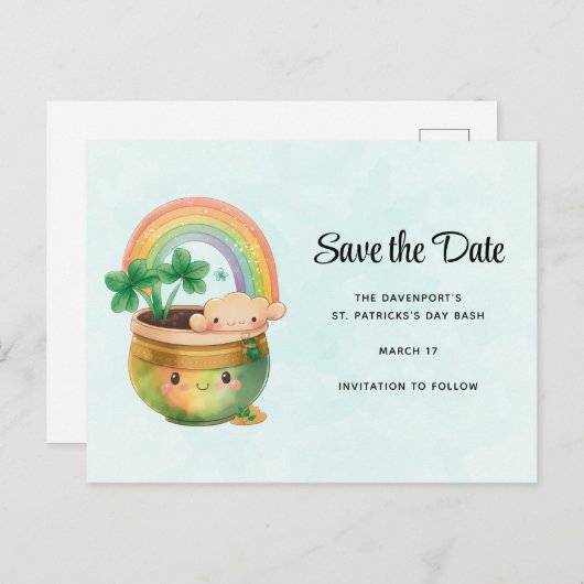St. Patrick's Day Rainbow & Clover Save the Date Einladungspostkarte (Vorne/Hinten)