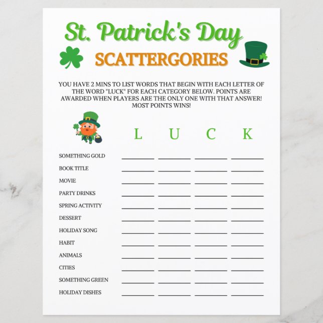 St. Patrick's Day Scattergories Game (Vorderseite)