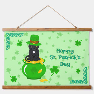 St. Patrick's Day Shamrock Topf des Goldes schwarz Wandteppich Mit Holzrahmen