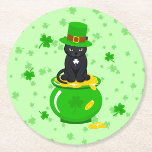 St. Patrick's Day Shamrock Topf mit Gold Schwarze Runder Pappuntersetzer