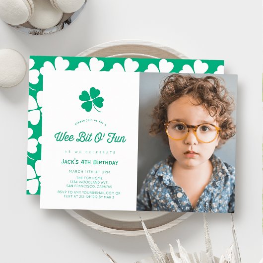 St. Patrick's Day Shamrock White Photo Birthday Einladung