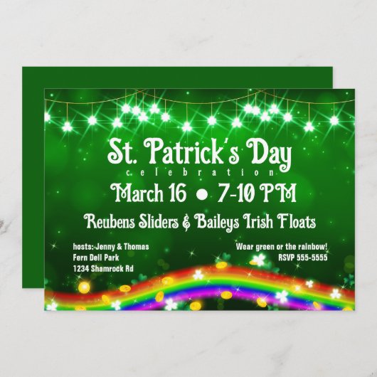 St. Patrick's Day Shiny Rainbow, Gold, Kleeblätter Einladung (Vorne/Hinten)
