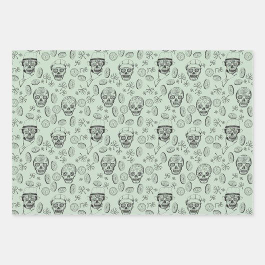 St Patricks Day Sugar Skull und Kleeblatt Green Geschenkpapier Set (Vorderseite 3)