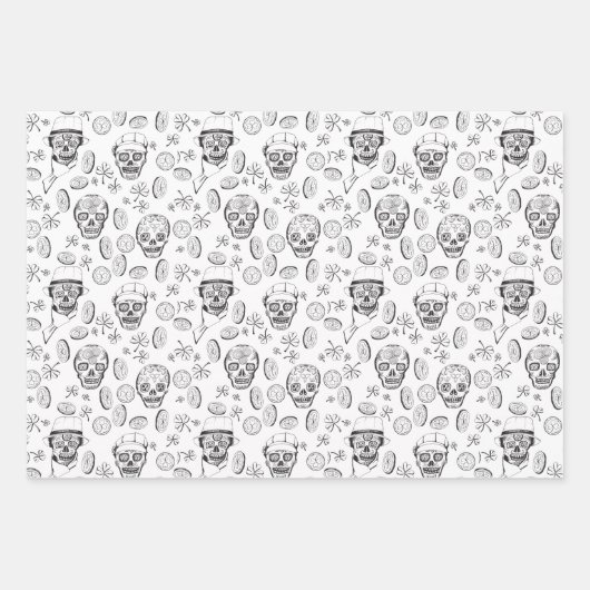 St Patricks Day Sugar Skull und Kleeblatt Green Geschenkpapier Set (Vorderseite)