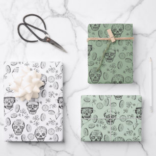 St Patricks Day Sugar Skull und Kleeblatt Green Geschenkpapier Set