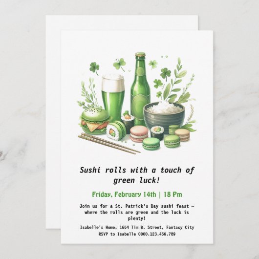 St. Patrick's Day Sushi - Rollin' im Grünen! Einladung (Vorne/Hinten)