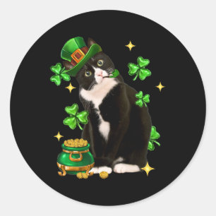St Patricks Day Süße Tuxedo-Katze Shamrock Irische Runder Aufkleber