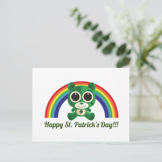 St. Patricks Day Teddy Bear and Rainbow Postcard Postkarte (Stehend Vorderseite)