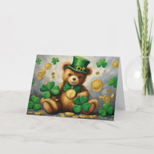 St. Patrick's Day Teddy mit Kleeblatt und Goldmünz Feiertagskarte