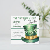 St Patrick's Day Top Hat mit Clover Jewels Party Einladung (Stehend Vorderseite)