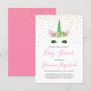 St. Patrick's Day Unicorn Girl's Pink Baby Shower Einladung