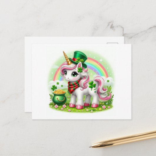 St. Patricks Day Unicorn Postkarte (Vorderseite/Rückseite Beispiel)