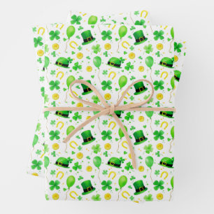 St. Patricks Day Vierblattklee Hufeisen Gold  Geschenkpapier Set