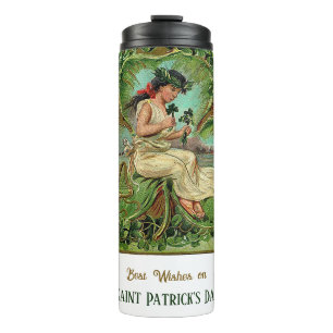 St. Patrick's Day Vintag Girl mit Kleeblättern Thermosbecher
