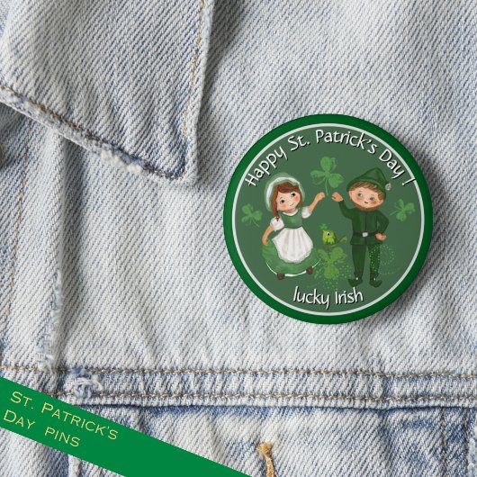St. Patricks Day Vintage Kobold & Mädchen Button