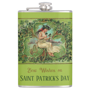 St. Patrick's Day Vintage Mädchen mit Shamrocks Flachmann