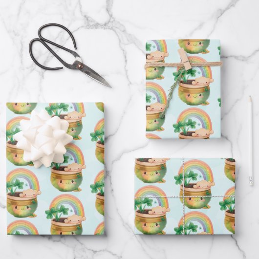 St. Patrick's Day Whimsical Rainbow & Clover Geschenkpapier Set (Vorderseite)