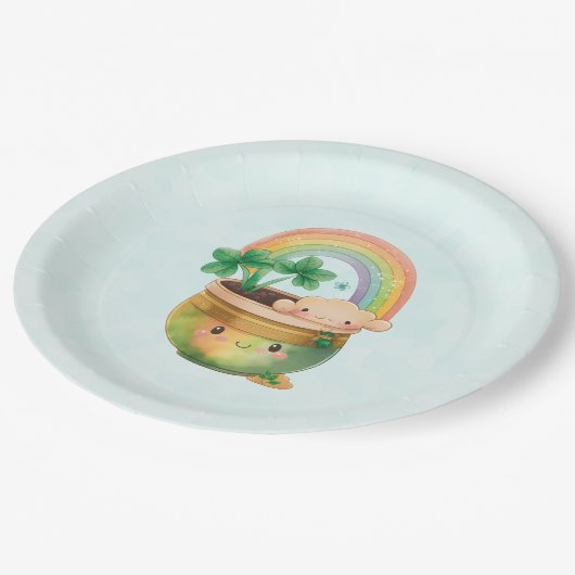 St. Patrick's Day Whimsical Rainbow & Clover Pappteller (Schrägansicht)