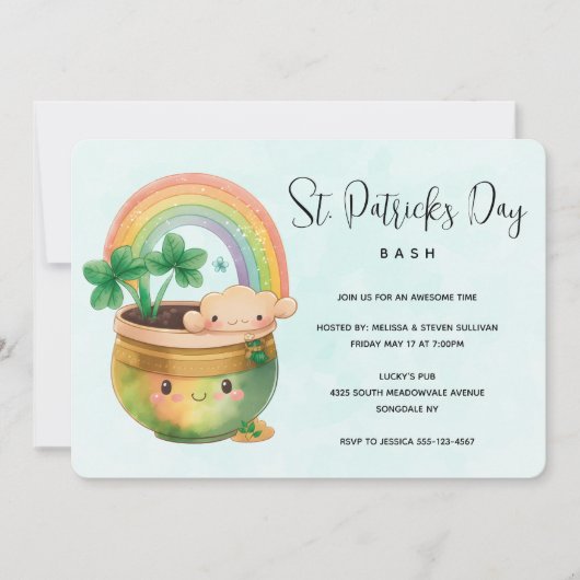 St. Patrick's Day Whimsical Rainbow & Clover Party Einladung (Vorderseite)