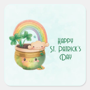 St. Patrick's Day Whimsical Rainbow & Clover Quadratischer Aufkleber